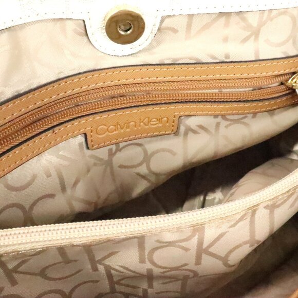 Calvin Klein Hudson White Signature Monogram Logo Pebbled Satchel Handbag Purse - Picture 9 of 9